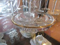GOLD-RIMMED STEMWARE, POINSETTIA BOWL, AND PLATES