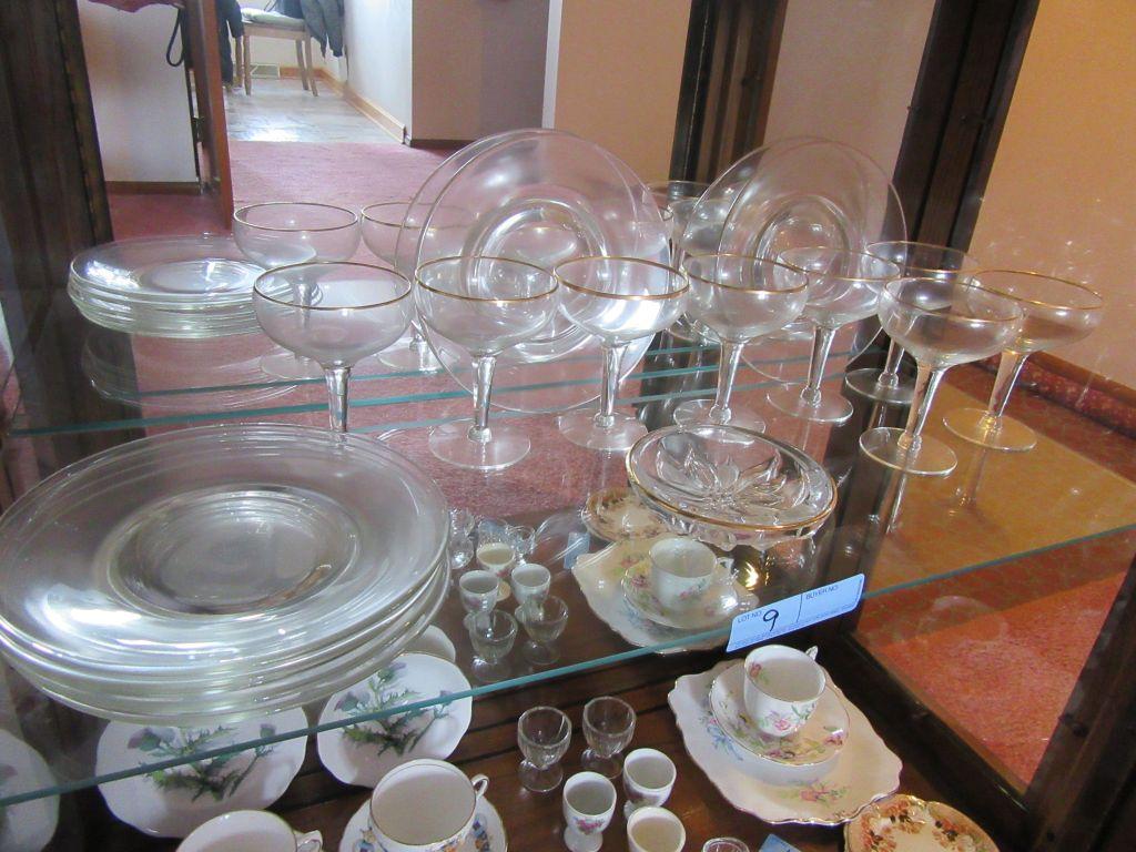 GOLD-RIMMED STEMWARE, POINSETTIA BOWL, AND PLATES