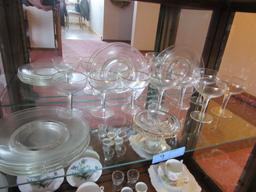 GOLD-RIMMED STEMWARE, POINSETTIA BOWL, AND PLATES