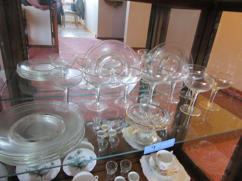 GOLD-RIMMED STEMWARE, POINSETTIA BOWL, AND PLATES