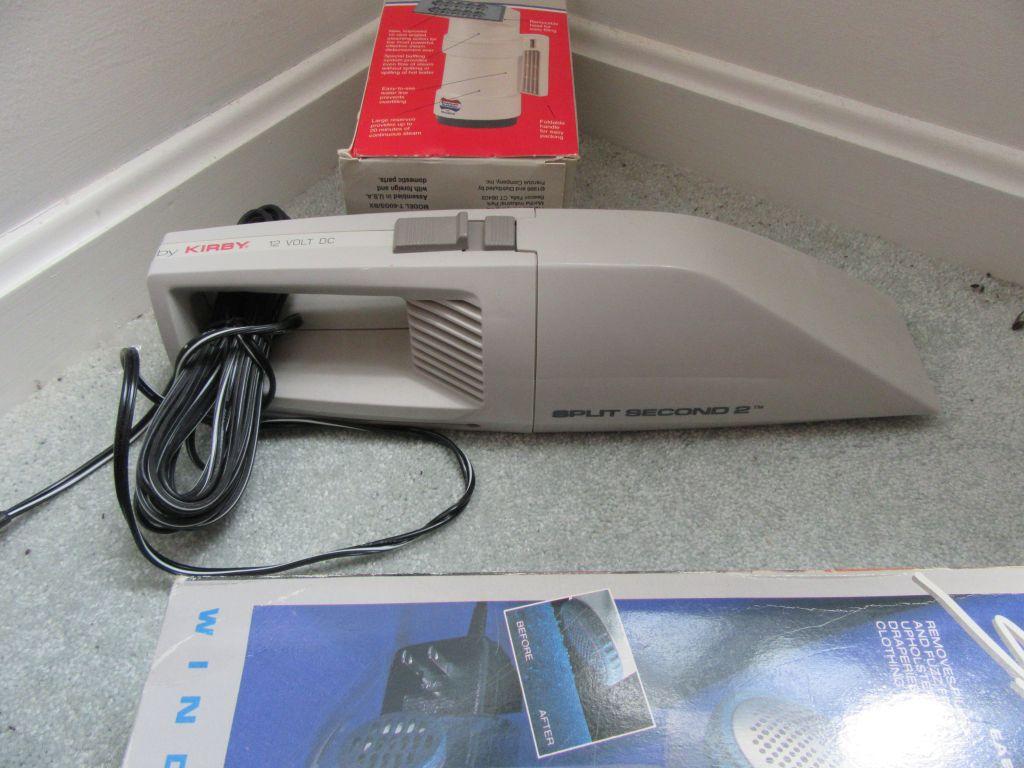 KIRBY 12-VOLT HAND SWEEPER. GARMENT STEAMER. CLOTHES SHAVER PLUS WITH BOX