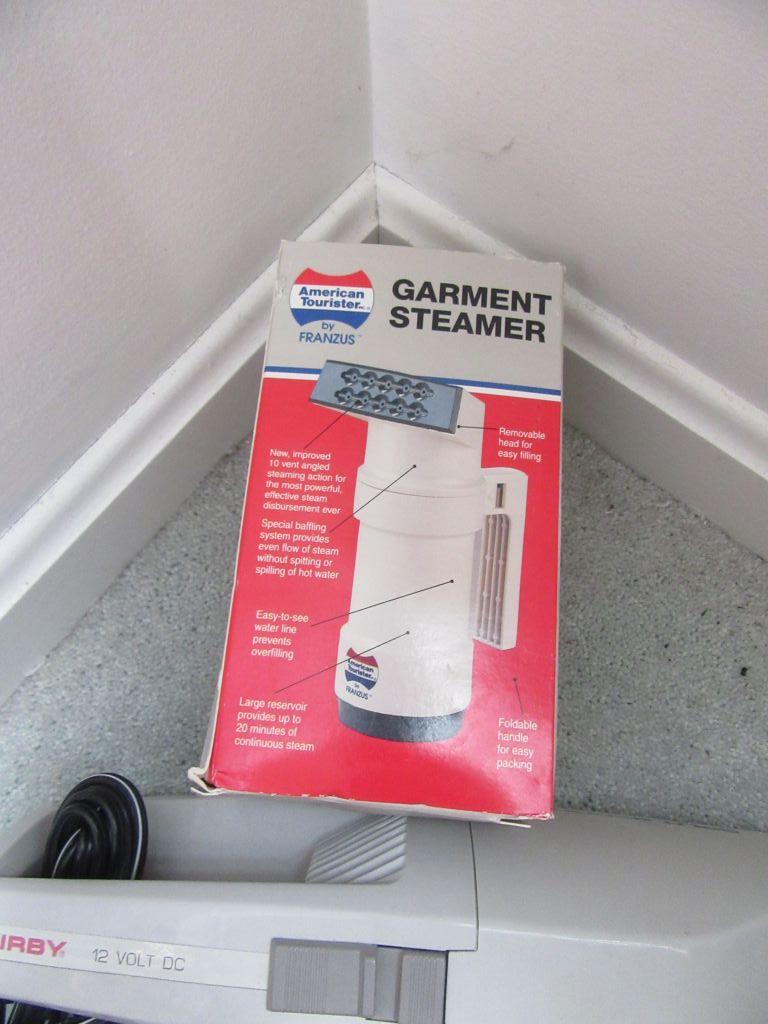 KIRBY 12-VOLT HAND SWEEPER. GARMENT STEAMER. CLOTHES SHAVER PLUS WITH BOX