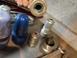 Mechanics Tools including battery terminal cleaner. Stethoscope. Tie rod separator. Brake spring