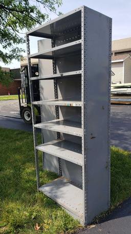 Two sets of metal adjustable shelving units. Approximately 7 ft tall by 3 ft long by 1 ft 6 in deep