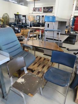 Formica top table, executive style roll about office chair, and other chairs
