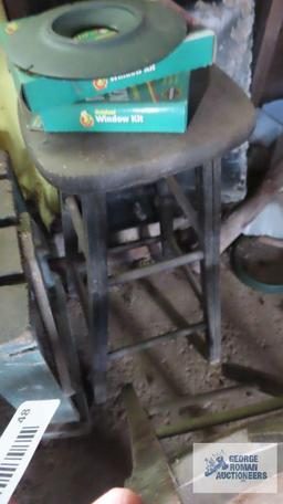 Rustic bench,...black stool, and wooden chair