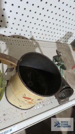 Vintage flour sifter, grater, and small jug