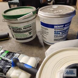 Lot of painting supplies and paint including tile adhesive and shallow asphalt repair patch