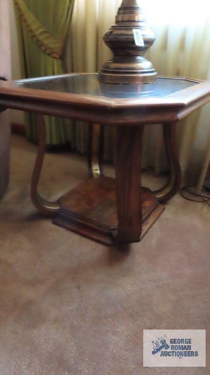 Oak finish glass top coffee table and end table