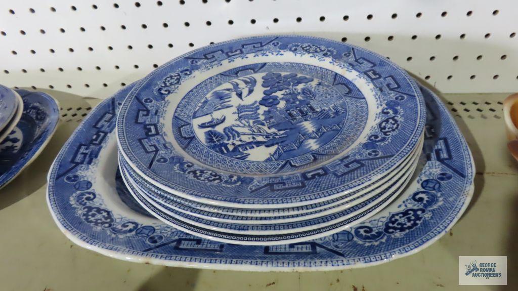 Johnson Brothers serving platter and plates, Willow pattern