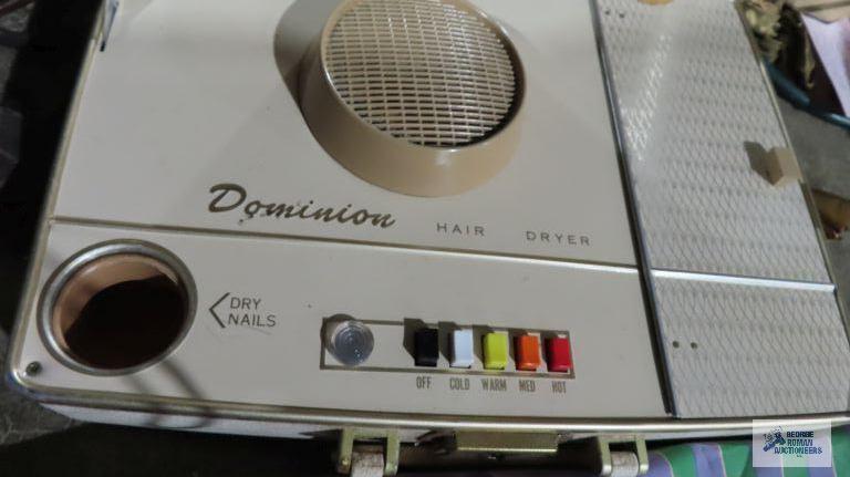 vintage Dominion hair dryer, shower curtain hooks and shoe rack