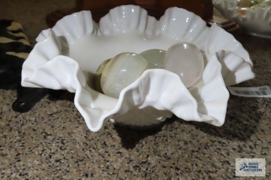 Milk glass fluted bowl with marble/alabaster eggs