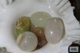 Milk glass fluted bowl with marble/alabaster eggs