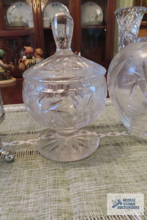 Crystal star design vase, covered compote and covered jam holder