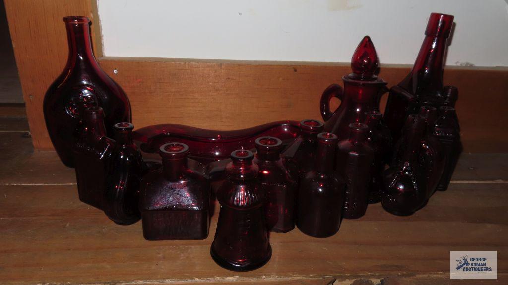 Ruby ashtray and assorted miniature bottles