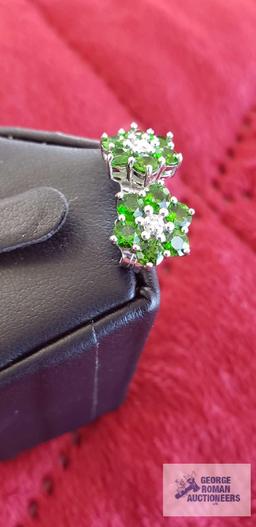 Silver colored green gemstone floral earrings, marked 925, backs are also marked 925, total