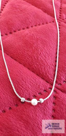 Silver colored chain...with pearl like bead and silver beads, marked Sterling, approximate total
