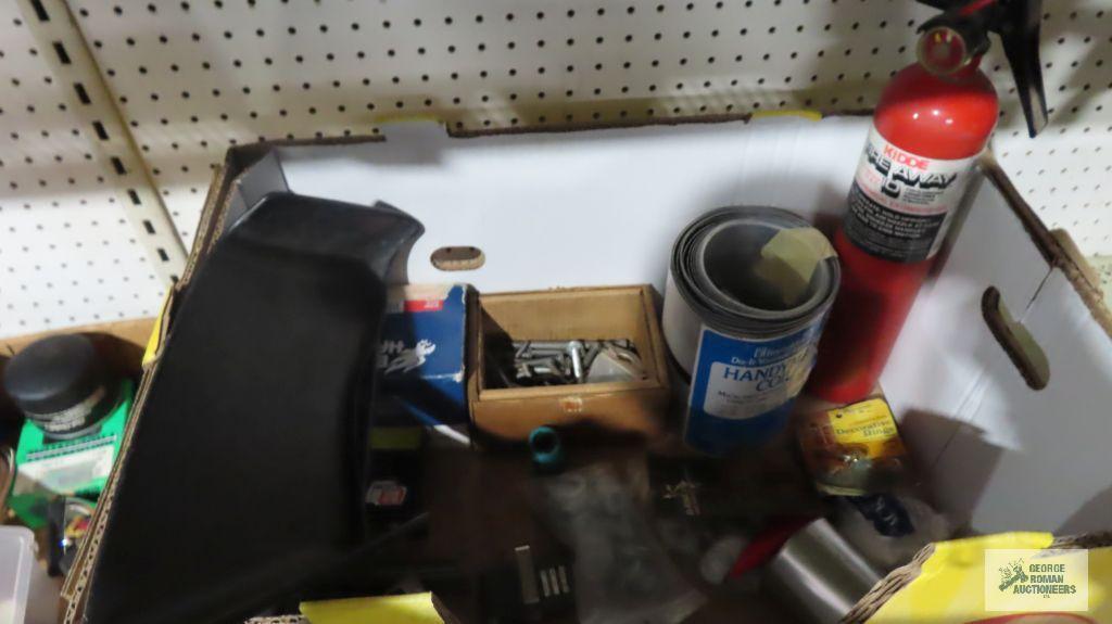 Box of hardware including hinges, nails, washers, bolts, aluminum coil, fire extinguisher