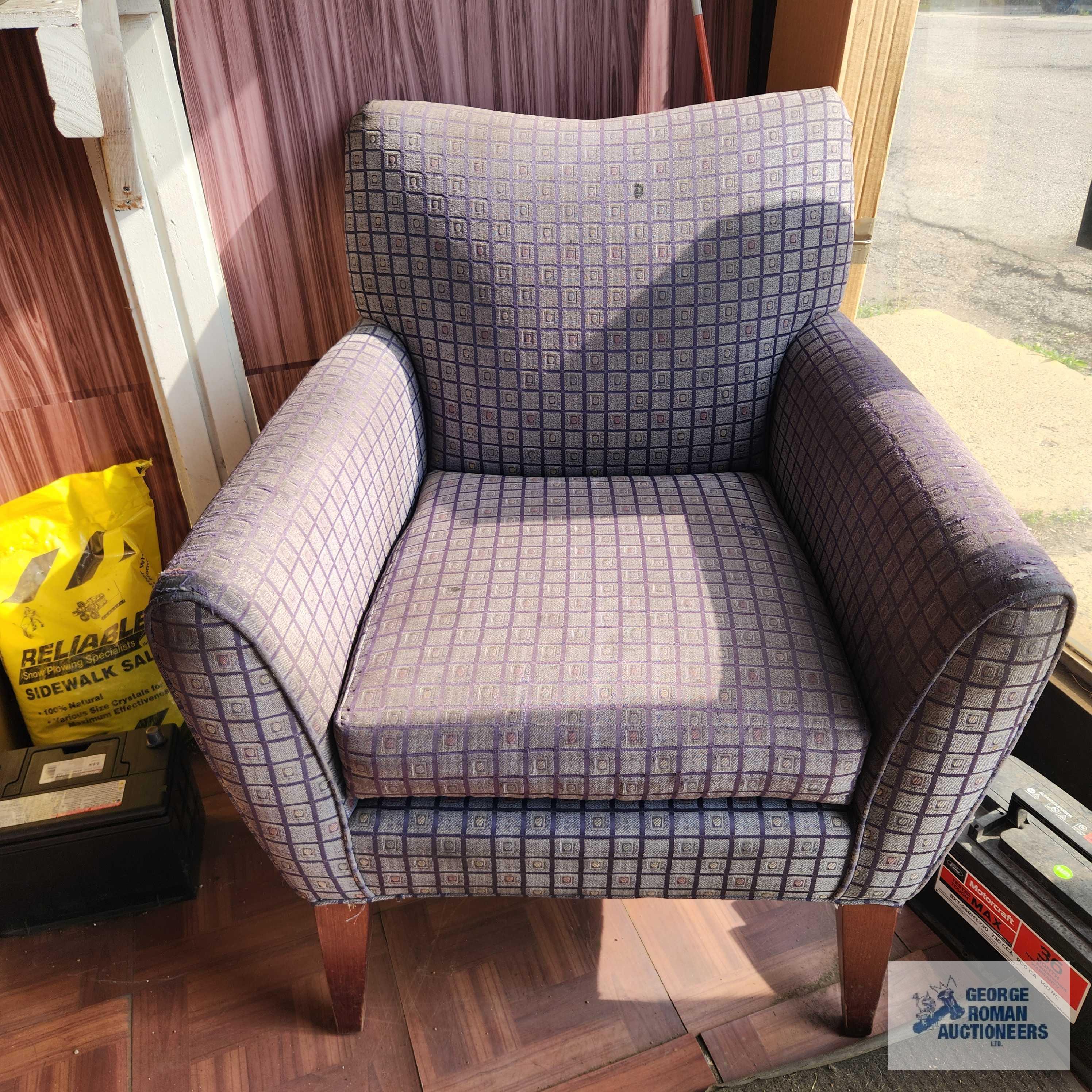 Faux leather sofa, love seat, oak finish coffee table and decorative armchair