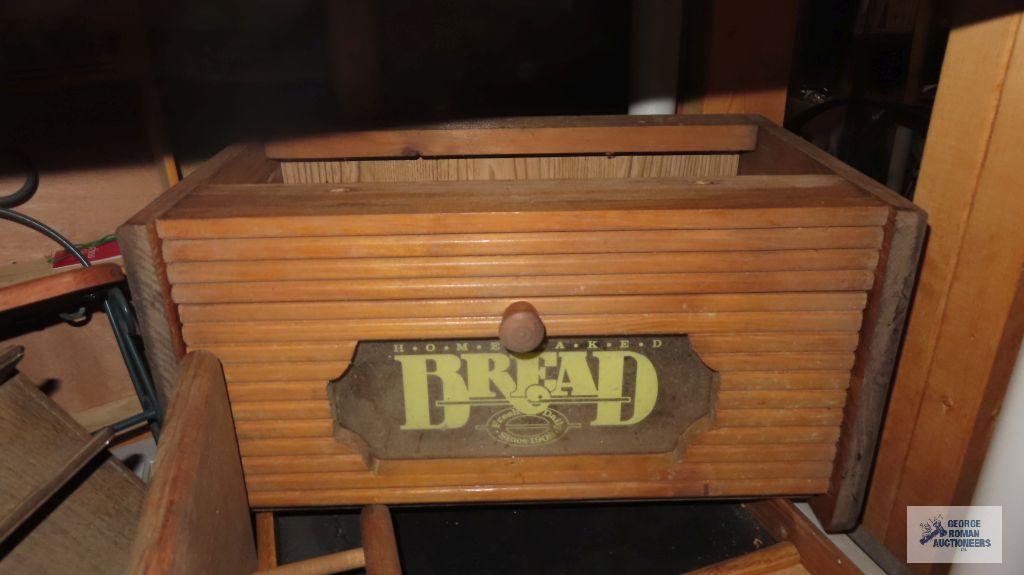 wooden items including bread box, banana hanger, mug holder