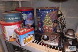 Assorted tins and cordless telephone