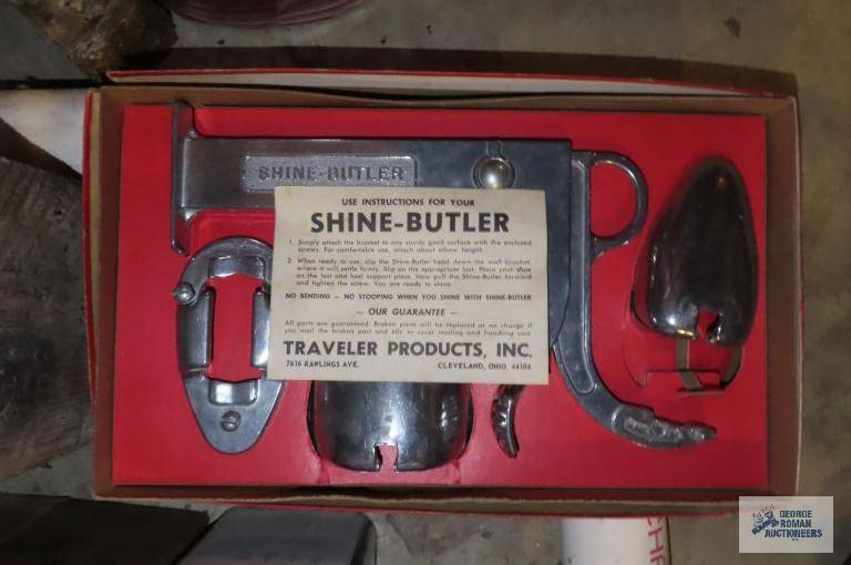 antique shoe last mounted on wooden block and vintage Shine-Butler