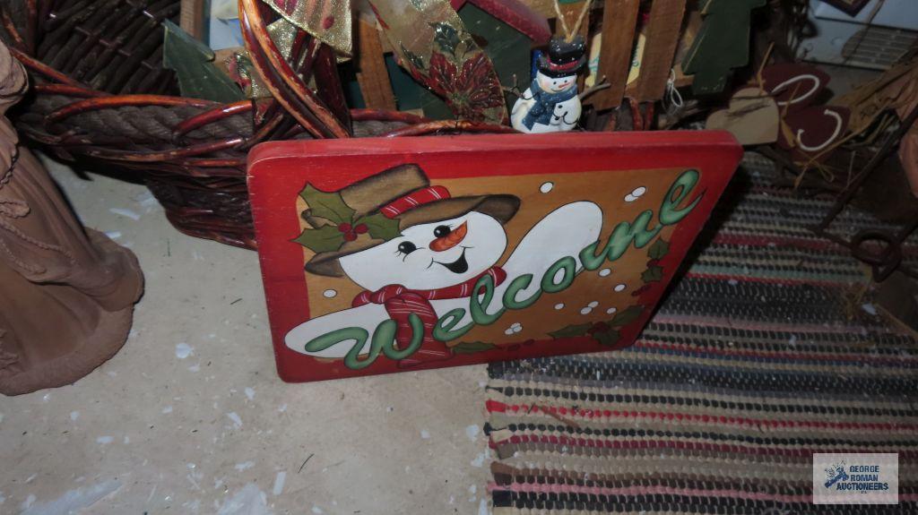 lot of wooden Christmas decorations, basket, and snowman birdhouse decoration