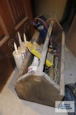 wooden toolbox with assorted tools and etc