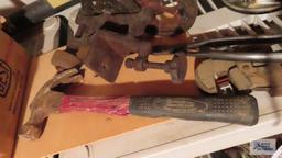 antique hand grinder, hammer parts, wire crimper and vintage pipe wrench