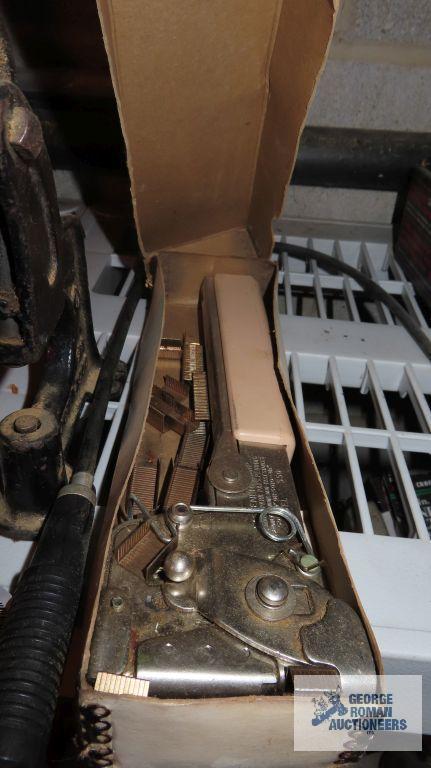 vintage miniature press, rotary tool extension and vintage hammer tacker