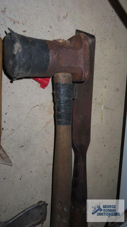 scoring hatchet, specialty hammer, and large antique chisel with wooden handle insert