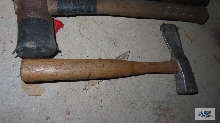 scoring hatchet, specialty hammer, and large antique chisel with wooden handle insert