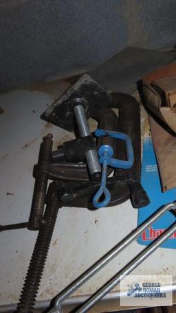 Heavy duty C clamps, vintage tape measure, torpedo level, chalk line and etc