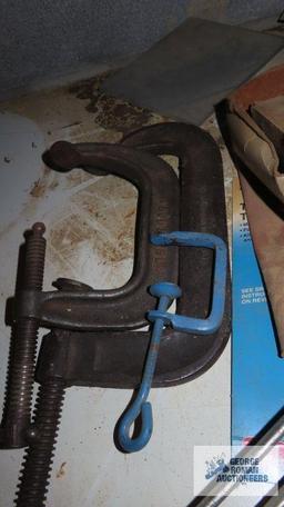 Heavy duty C clamps, vintage tape measure, torpedo level, chalk line and etc