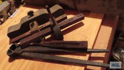 antique squares, blacksmithing tools and wood plane parts