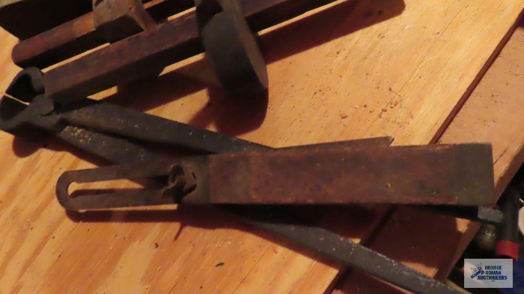 antique squares, blacksmithing tools and wood plane parts