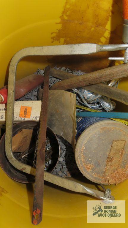 lot of copper pipe, tools, hardware and two 5 gallon buckets