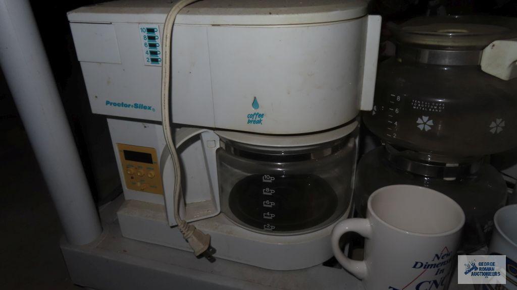 Proctor-Silex coffee maker, Mrs. Tea maker, coffee pots, mugs