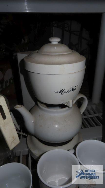 Proctor-Silex coffee maker, Mrs. Tea maker, coffee pots, mugs