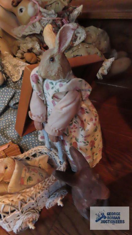 Lot of rabbit...figurines...and plush animals plus rocking horse