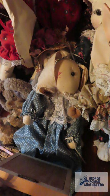 Lot of rabbit...figurines...and plush animals plus rocking horse