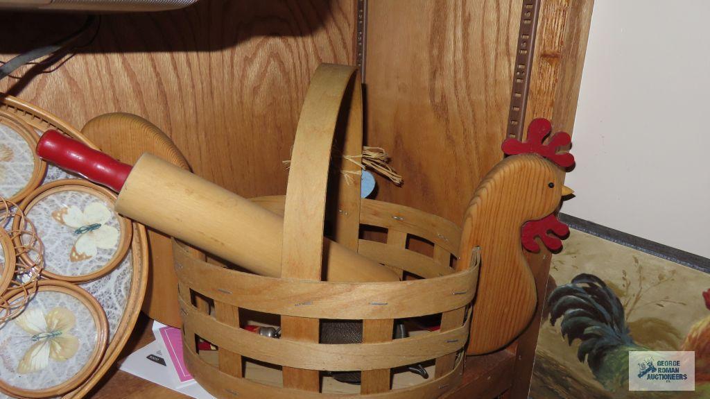 Wooden chicken basket with red handled...rolling pin and coasters on a tray