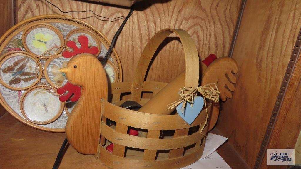 Wooden chicken basket with red handled...rolling pin and coasters on a tray