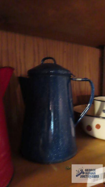 Red granite...coffee...pot, blue granite...coffee...pot, granite like dish and mug