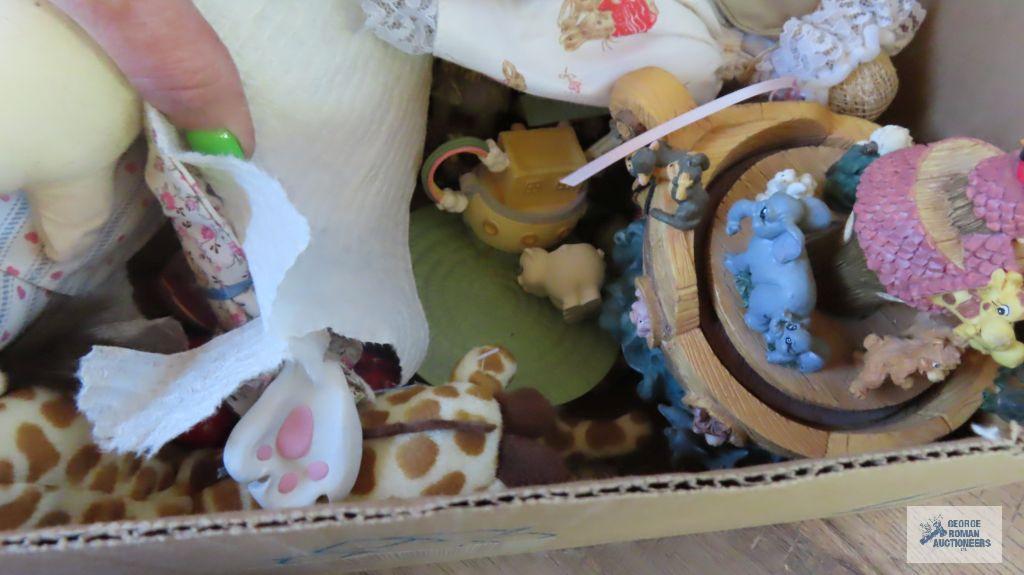 Assorted tins. Containers. Wooden items. Plush animals.