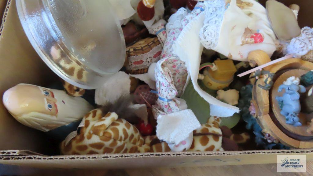 Assorted tins. Containers. Wooden items. Plush animals.