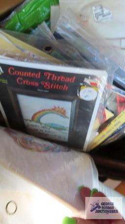 Box lot of sewing and embroidery and plastic craft supplies and patterns