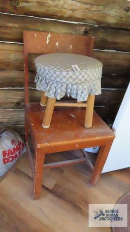 Padded stool and rustic chair