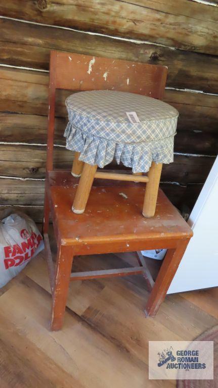 Padded stool and rustic chair
