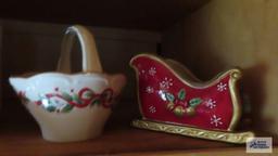 Fitz and Floyd sleigh. Made in Italy canister. Decorative ceramic basket. Kitchen papers. Set of